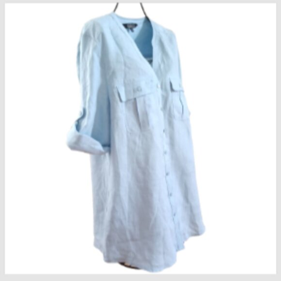 NWOT Nicole Miller Linen Button Up 3/4 Roll Tab Sleeve Top Pockets L Sky Blue - Picture 8 of 14